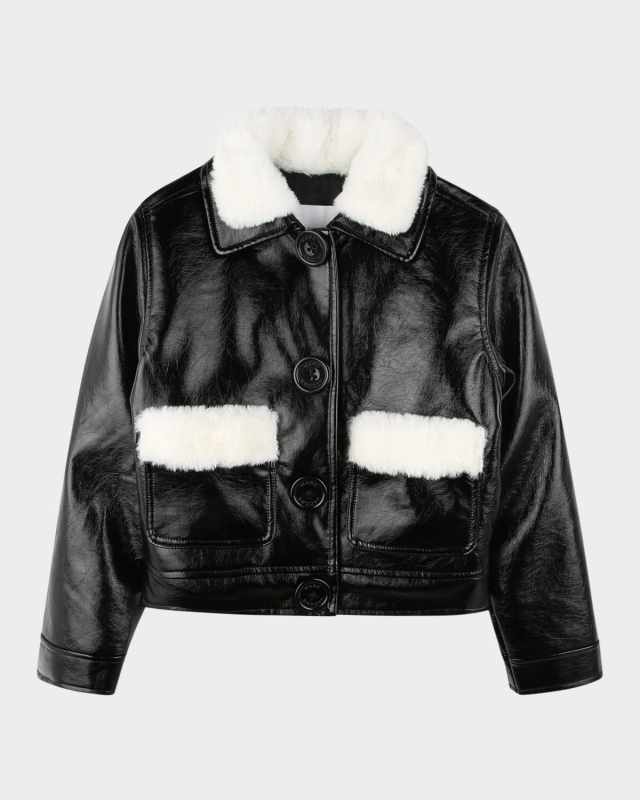 Girl's Faux Leather Bomber Jacket with Teddy Trim, Size 8-